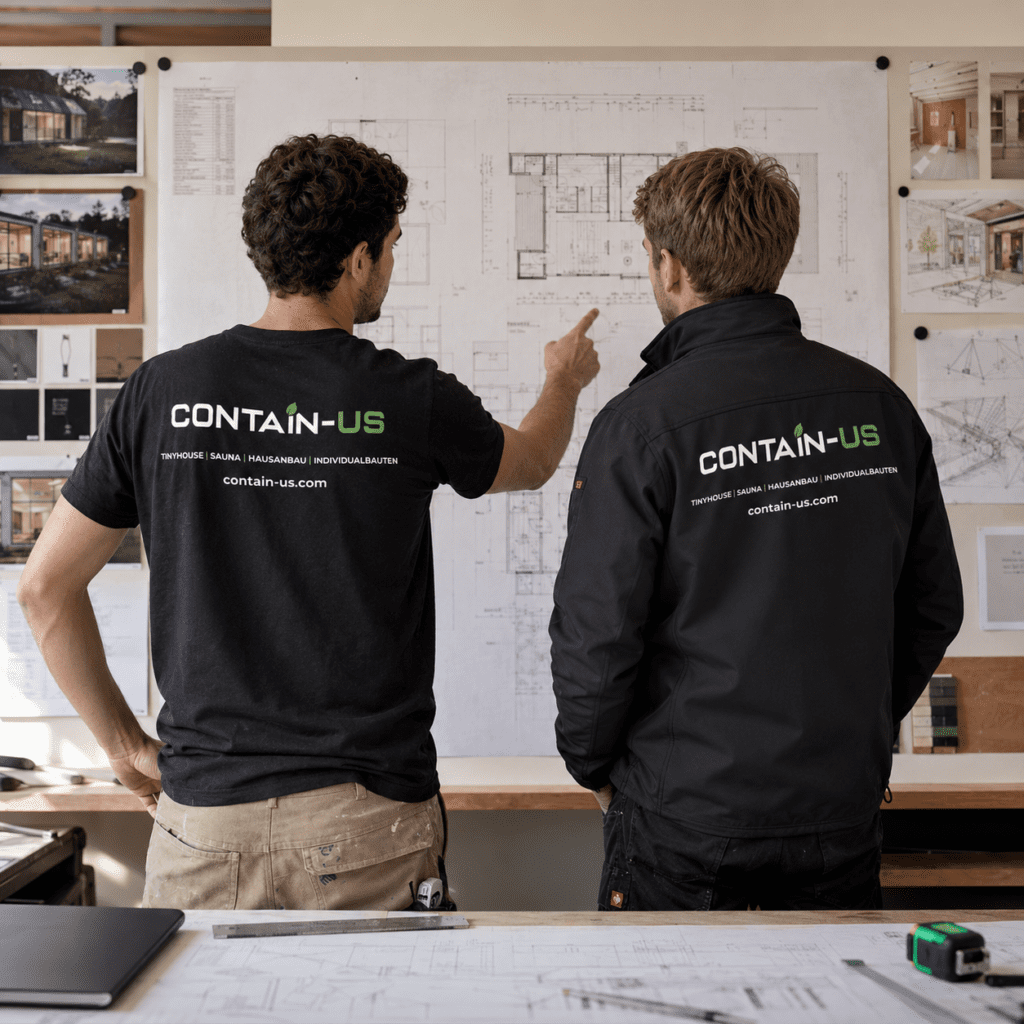 Zwei Mitarbeiter von Contain-us besprechen Grundrisse an der Planungswand