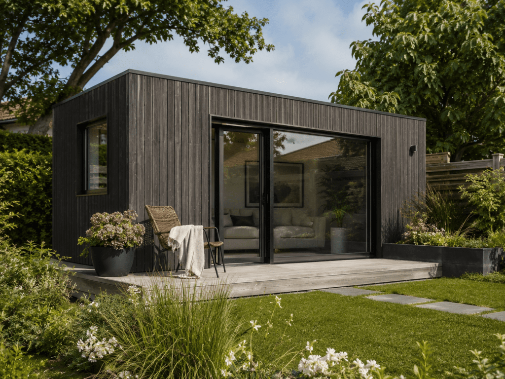 Fertiges Gartenmodul mit dunkler Holzfassade und bodentiefer Schiebetür auf einer Terrasse im Garten