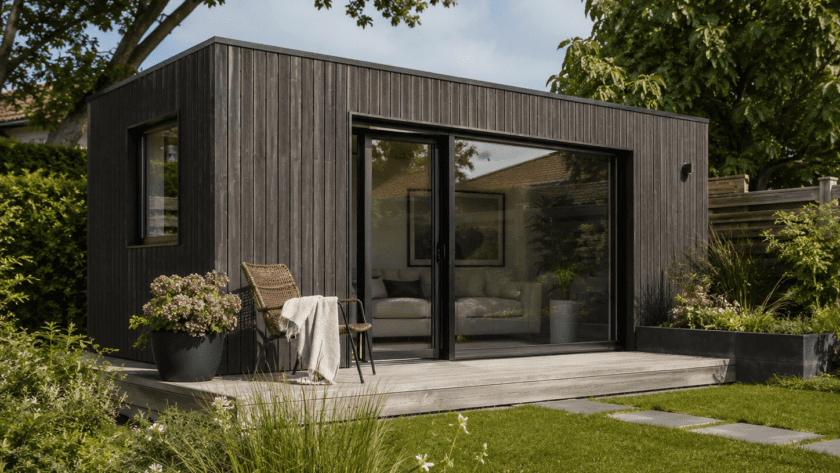 Fertiges Gartenmodul mit dunkler Holzfassade und bodentiefer Schiebetür auf einer Terrasse im Garten