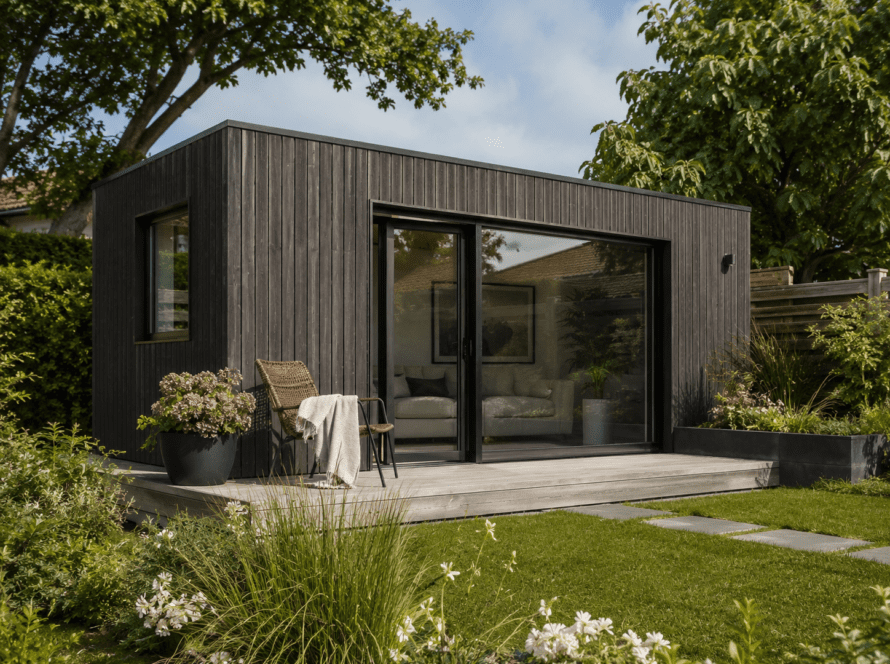 Fertiges Gartenmodul mit dunkler Holzfassade und bodentiefer Schiebetür auf einer Terrasse im Garten