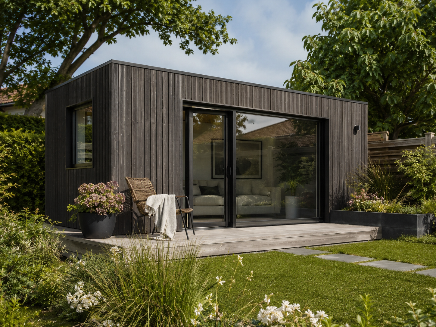 Fertiges Gartenmodul mit dunkler Holzfassade und bodentiefer Schiebetür auf einer Terrasse im Garten