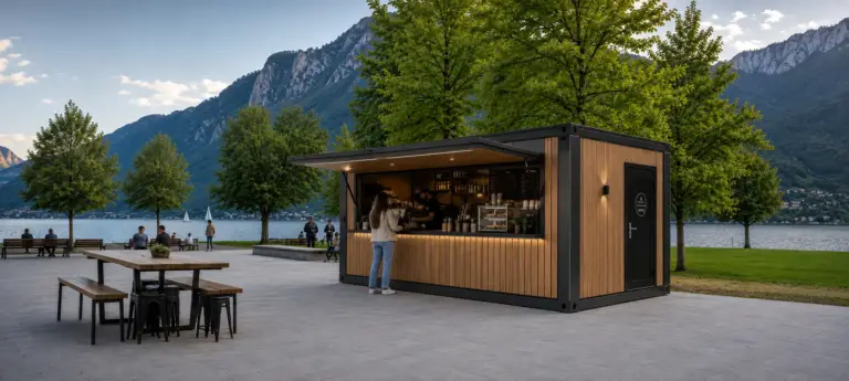 Verkaufsmodul mit hochgeklappter Fassadenklappe als Kaffeebar am See, davor Tische und Bänke
