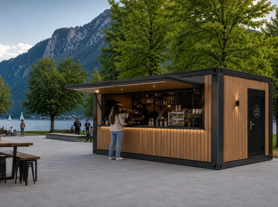 Verkaufsmodul mit hochgeklappter Fassadenklappe als Kaffeebar am See, davor Tische und Bänke