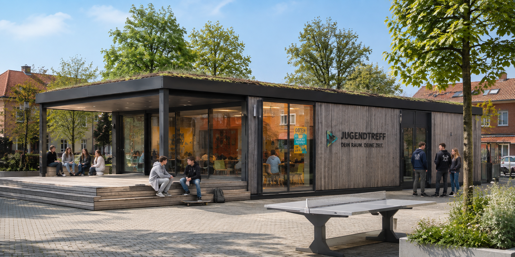 Eingeschossiges Gebäude eines Jugendtreffs in Modulbauweise mit Holzfassade, begrüntem Dach und großer Fensterfront, davor eine Sitzstufe