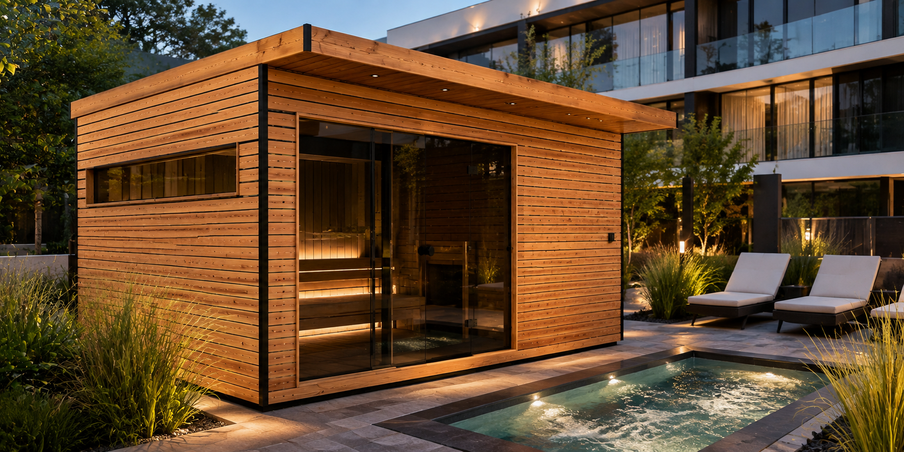 Saunamodul mit Holzfassade und großer Glasfront an einem Pool in der Dämmerung