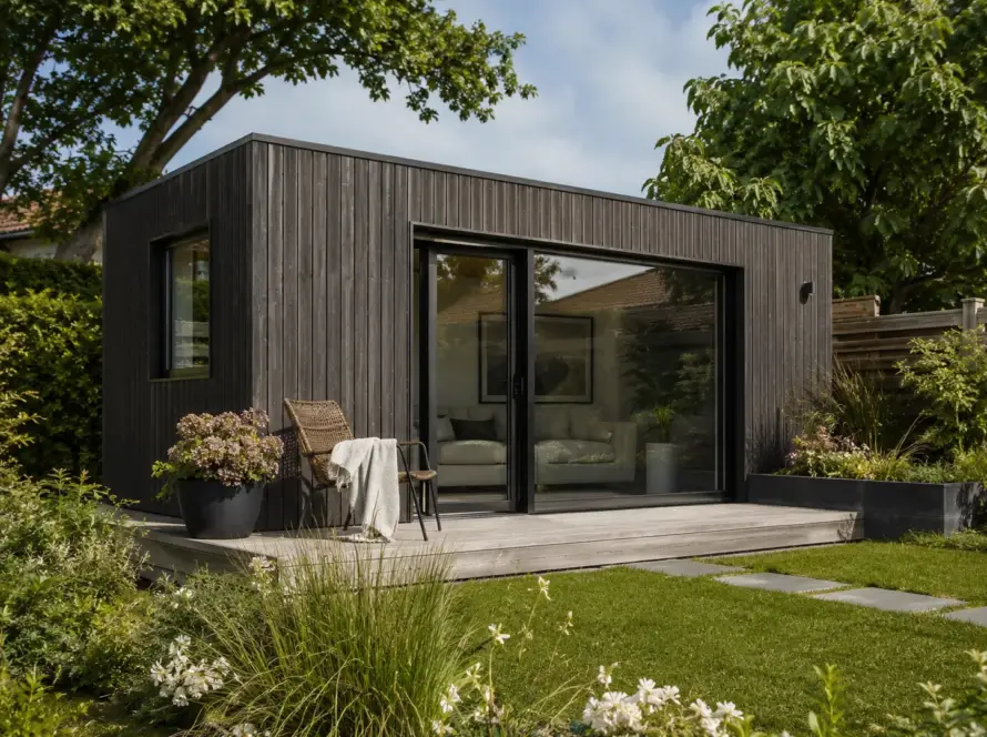 Fertiges Gartenmodul mit dunkler Holzfassade und bodentiefer Schiebetür auf einer Terrasse im Garten