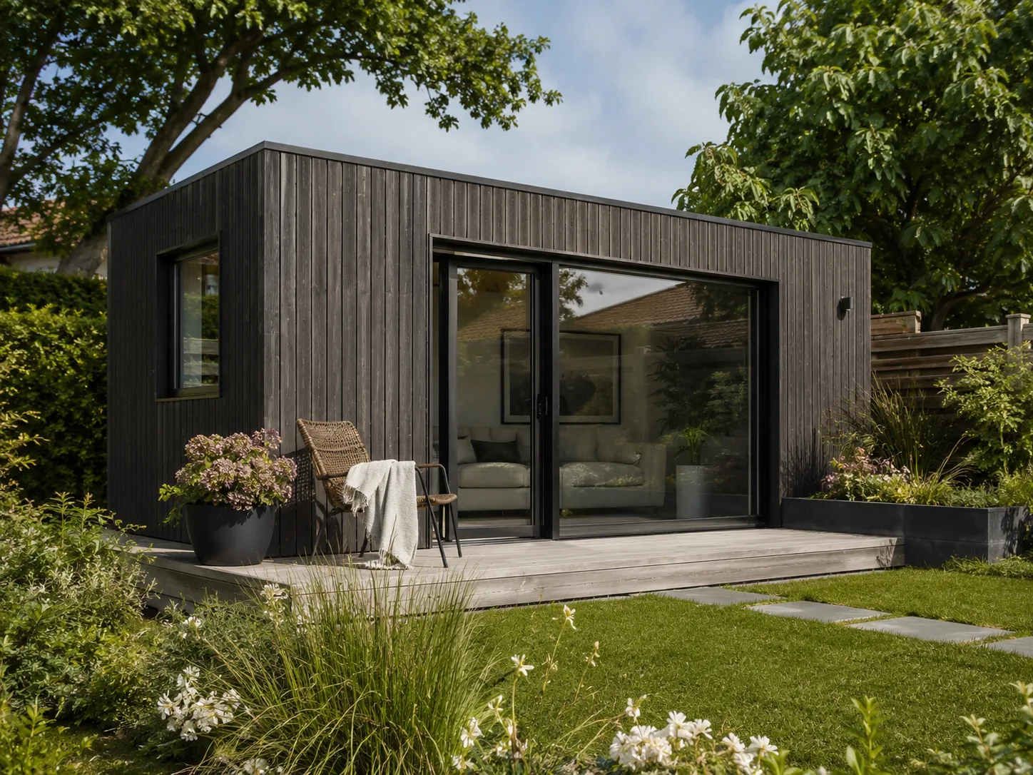 Fertiges Gartenmodul mit dunkler Holzfassade und bodentiefer Schiebetür auf einer Terrasse im Garten