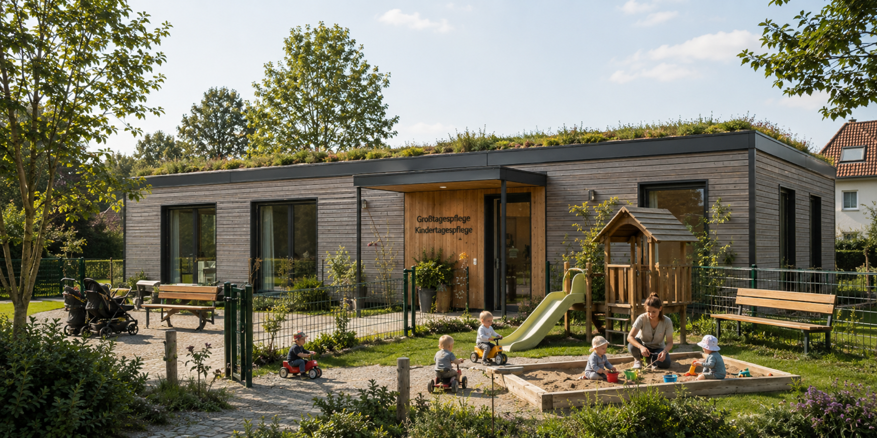 Visualisierung einer eingeschossigen Kindertageseinrichtung in Modulbauweise mit Holzfassade und begrüntem Dach
