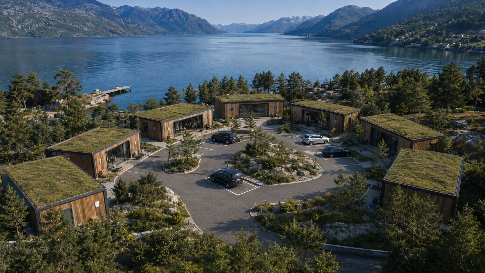 Luftaufnahme einer Ferienhausanlage aus mehreren Modulhäusern mit begrünten Dächern an einem See