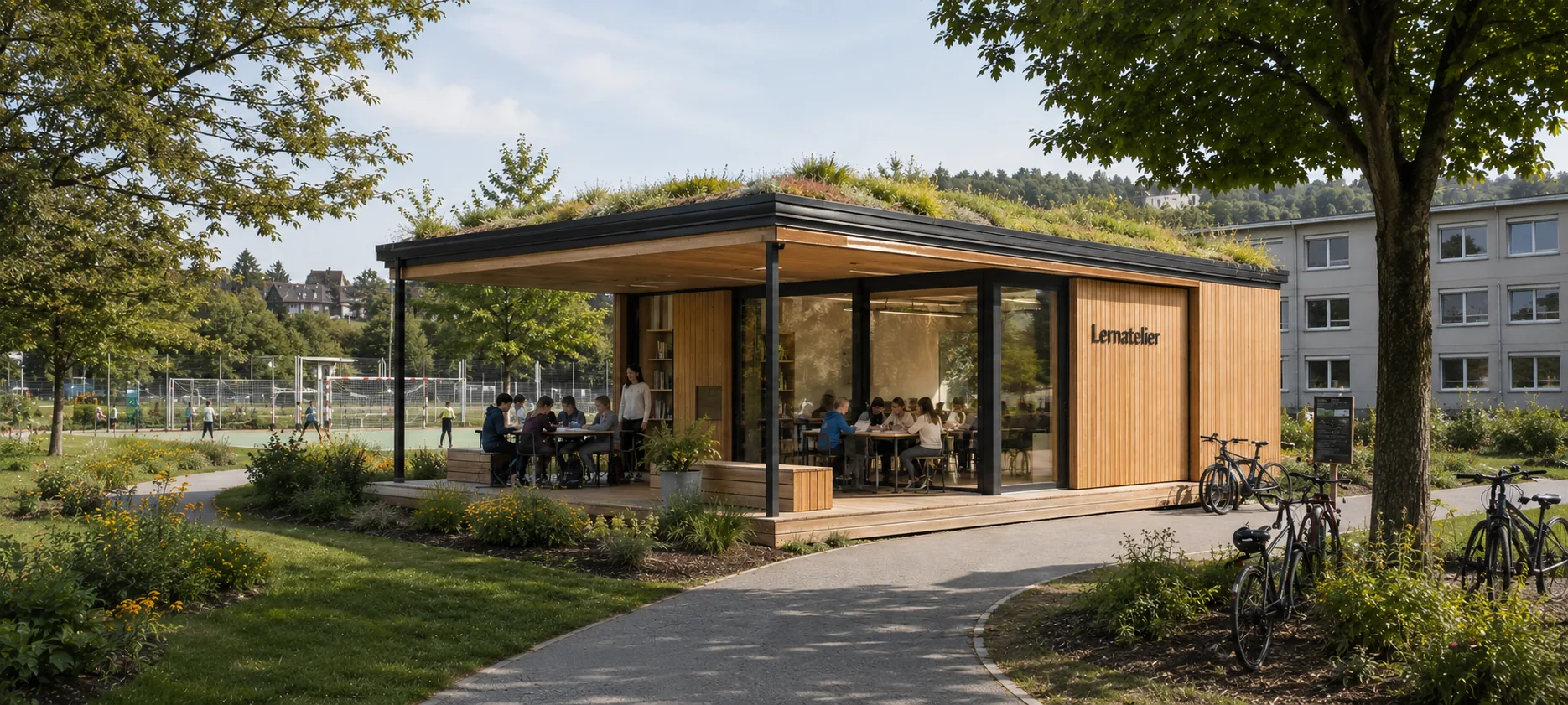 Lernatelier mit umlaufender Glasfront und begrüntem Dach, davor abgestellte Fahrräder