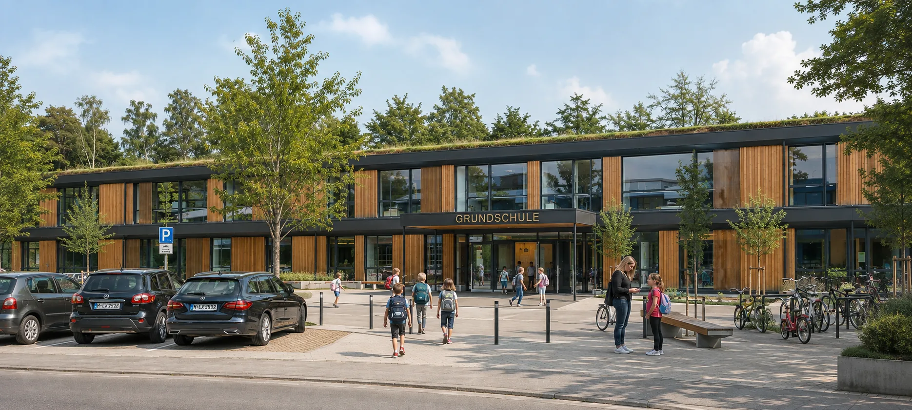Zweigeschossige Grundschule in Modulbauweise mit Holzfassade, davor Schülerinnen und Schüler und ein Fahrradständer