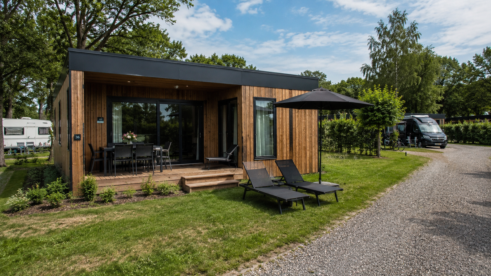 Ferienhaus in Modulbauweise mit Holzfassade, begrüntem Dach und überdachter Terrasse mit Liegen