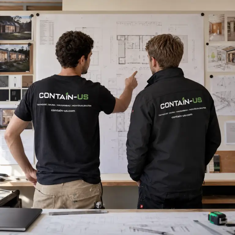 Zwei Mitarbeiter von Contain-us stehen vor einer Pinnwand mit Grundrissen und besprechen eine Planung