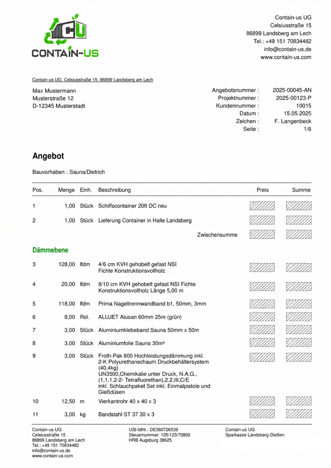 Erste Seite eines Contain-us Angebots mit einzeln ausgewiesenen Positionen, Mengen und Einheiten