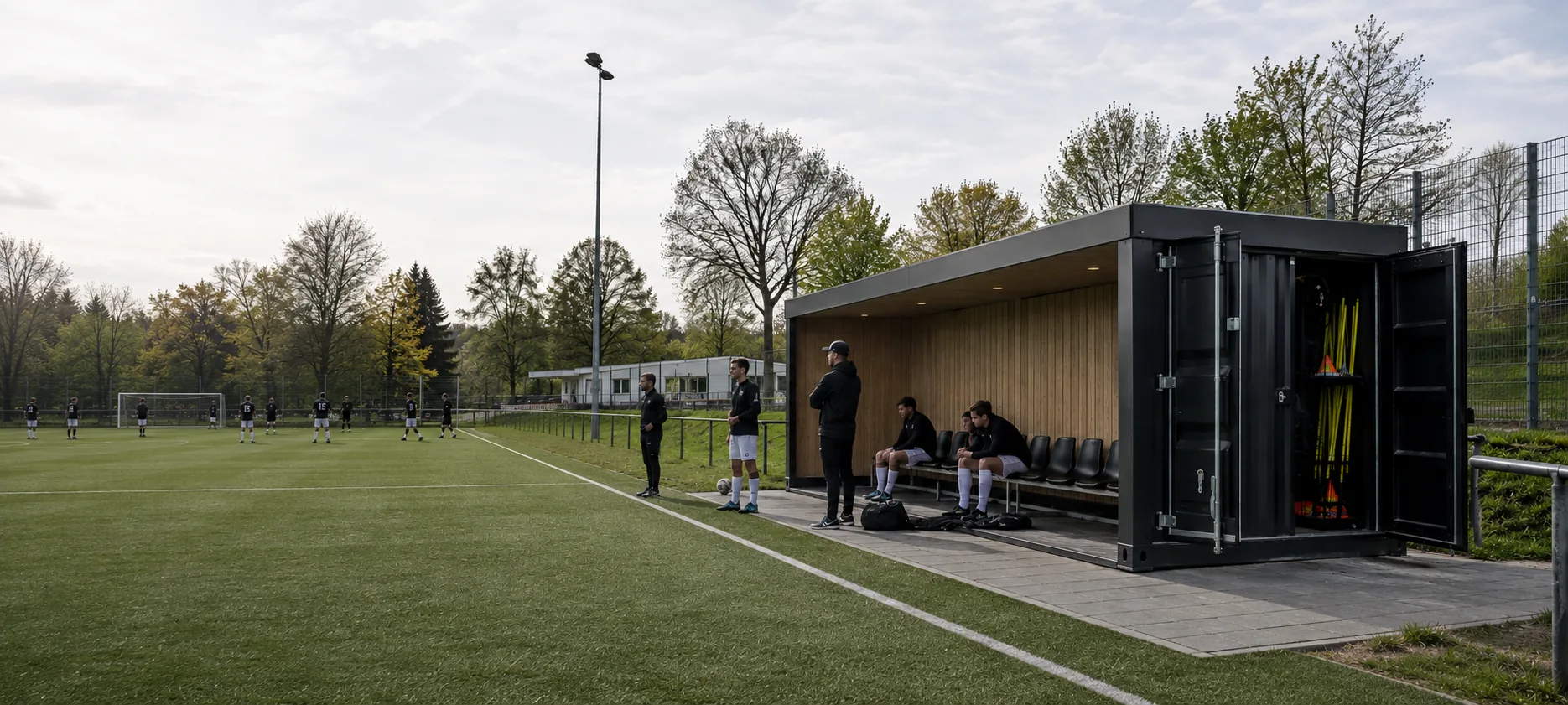 Spielerkabine an einem Sportplatz mit überdachter Sitzbank, daneben ein geöffneter Lagerraum mit Sportgeräten