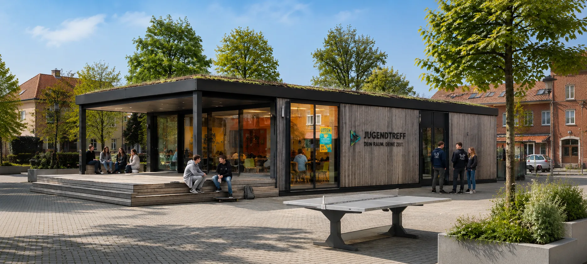 Jugendtreff mit großer Glasfront und begrüntem Dach, davor eine Tischtennisplatte und Jugendliche