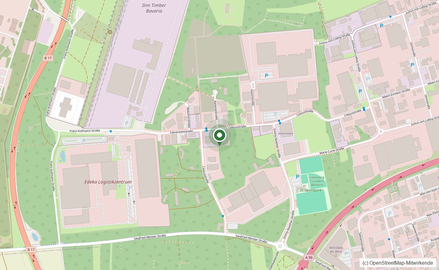 Kartenausschnitt von Landsberg am Lech mit dem Standort von Contain-us in der Celsiusstra&szlig;e 15, markiert durch eine gr&uuml;ne Nadel