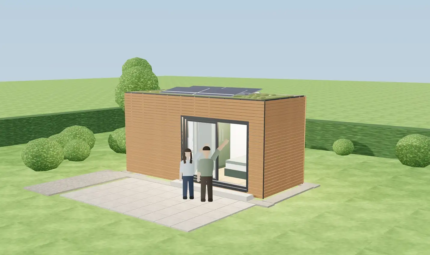 3D-Visualisierung des fertigen Wohnmoduls: Lärchenholzfassade, Gründach mit Photovoltaik, raumhohe Glasfront zur Terrasse, davor zwei winkende Personen
