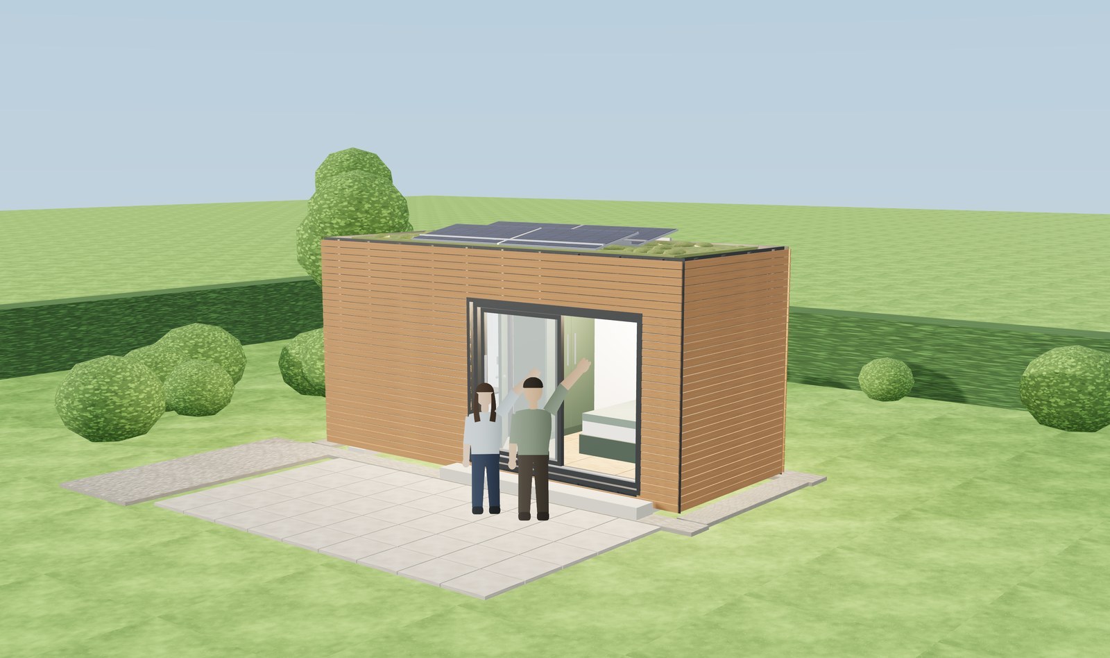 3D-Visualisierung des fertigen Wohnmoduls: Lärchenholzfassade, Gründach mit Photovoltaik, raumhohe Glasfront zur Terrasse, davor zwei winkende Personen