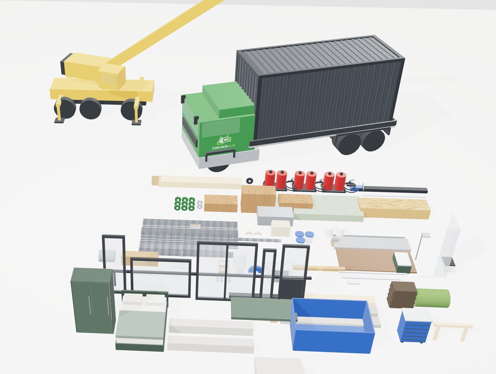3D-Visualisierung der Anlieferung: Autokran und Contain-US-Lkw bringen einen 20-Fuß-Container, davor das Material für den Ausbau