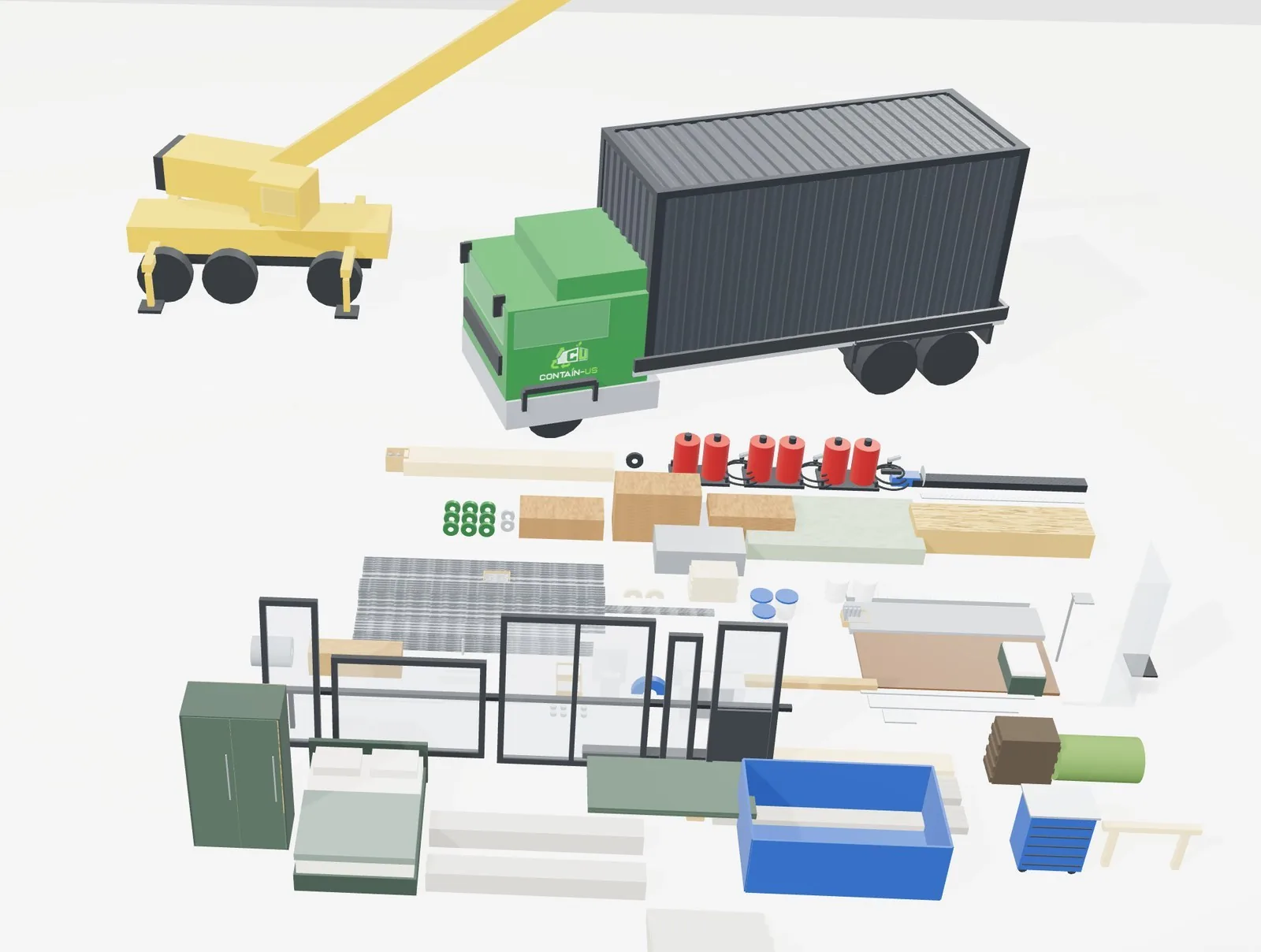 3D-Visualisierung der Anlieferung: Autokran und Contain-US-Lkw bringen einen 20-Fuß-Container, davor das Material für den Ausbau