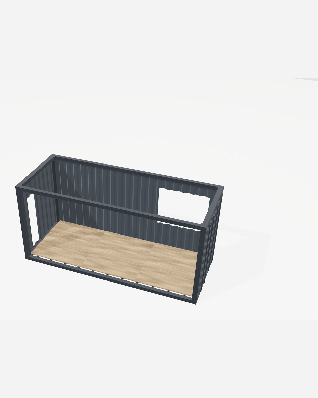3D-Visualisierung Etappe 2: die geöffnete Stahlhülle des Moduls mit ausgeschnittenen Fenster- und Türöffnungen