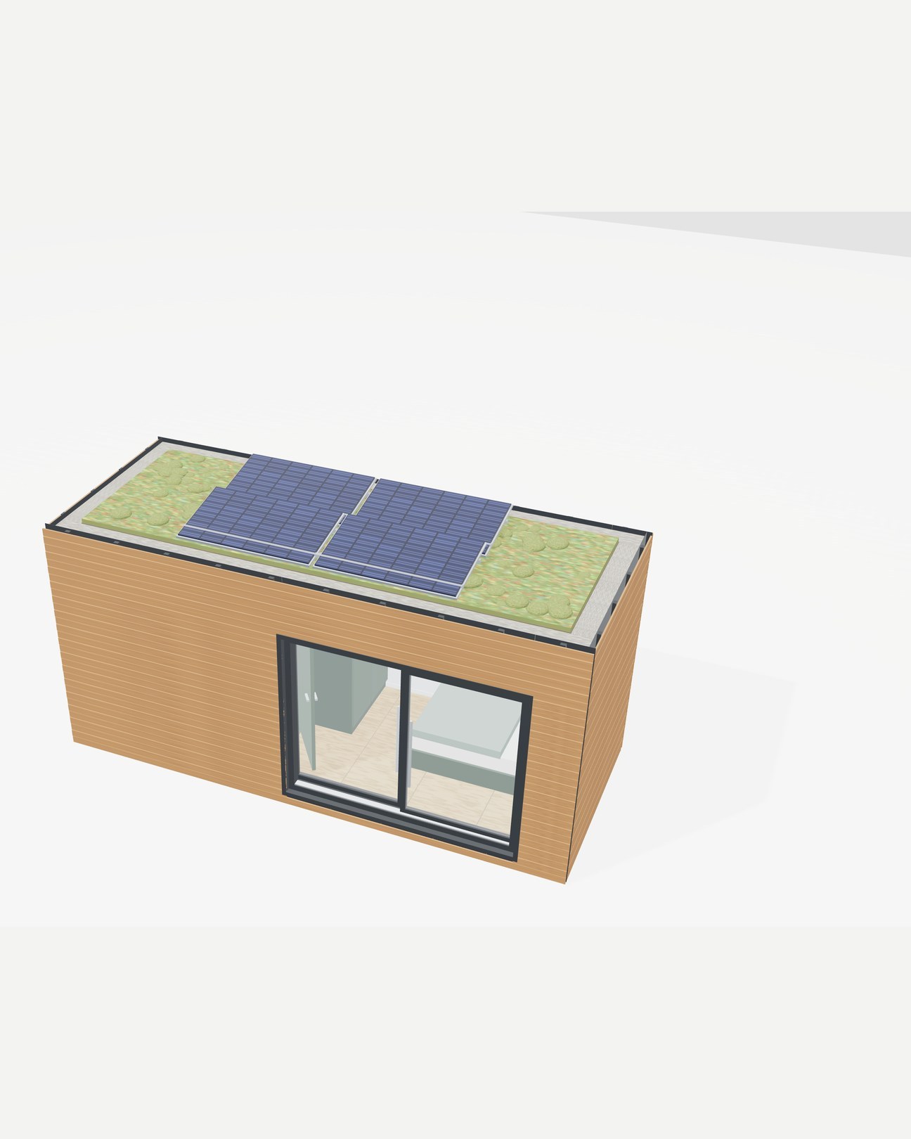3D-Visualisierung Etappe 17: Lärchenholzfassade fertig, auf dem Dach Extensivbegrünung und aufgeständerte Photovoltaikmodule