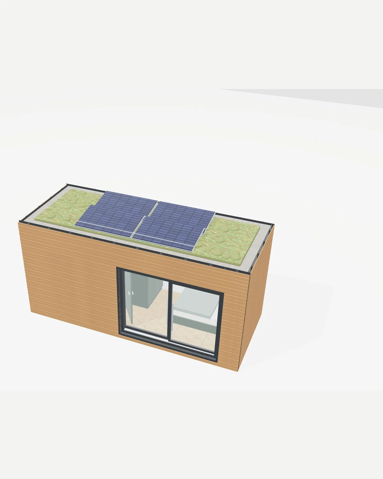 3D-Visualisierung Etappe 17: Lärchenholzfassade fertig, auf dem Dach Extensivbegrünung und aufgeständerte Photovoltaikmodule