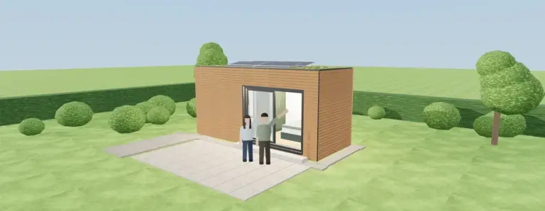 3D-Visualisierung des fertigen Wohnmoduls im Garten: Lärchenholzfassade, Gründach mit Photovoltaik, raumhohe Glasfront, davor zwei winkende Personen