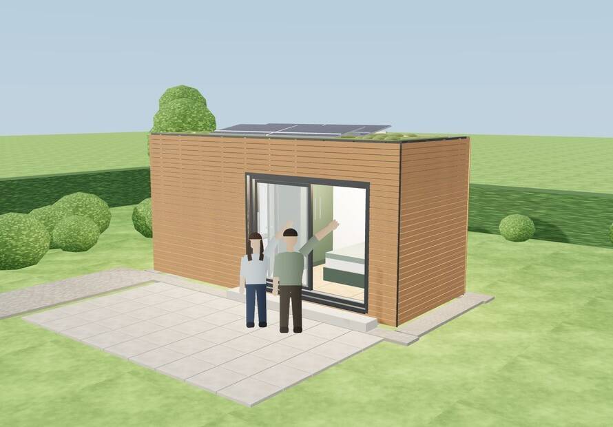 3D-Visualisierung des fertigen Wohnmoduls im Garten: Lärchenholzfassade, Gründach mit Photovoltaik, raumhohe Glasfront, davor zwei winkende Personen