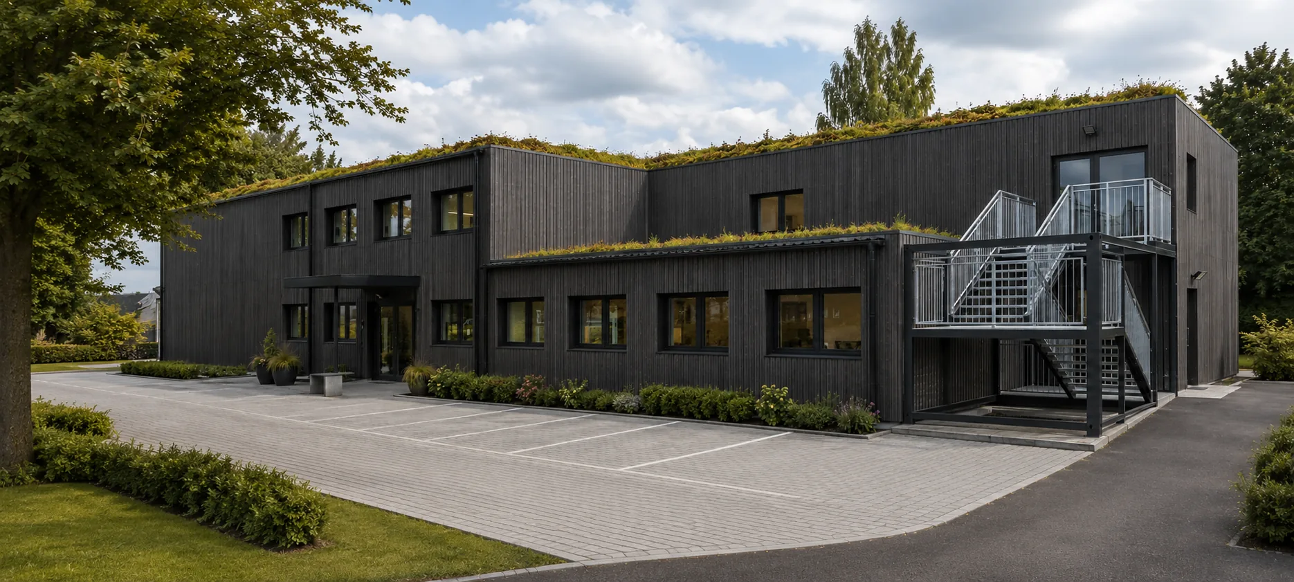 Zweigeschossiges Bürogebäude mit dunkler Holzfassade und begrüntem Dach, außenliegende Stahltreppe, davor Parkplätze