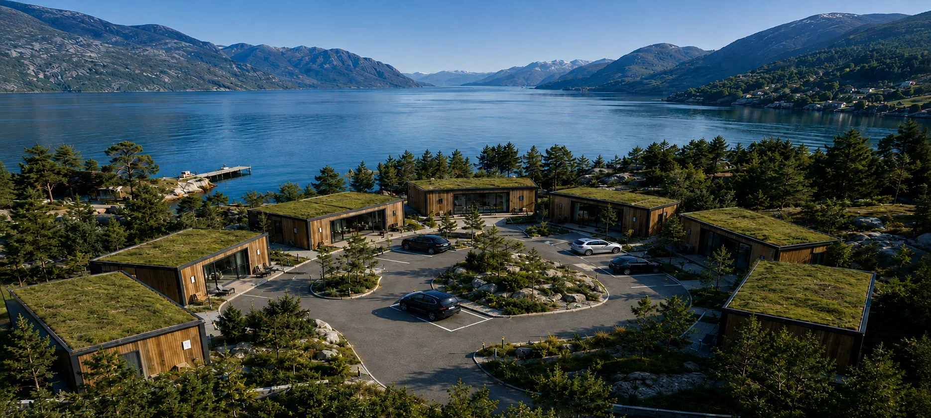 Luftaufnahme einer Ferienanlage am See: Module mit begrünten Dächern um einen Parkplatz, dahinter Berge