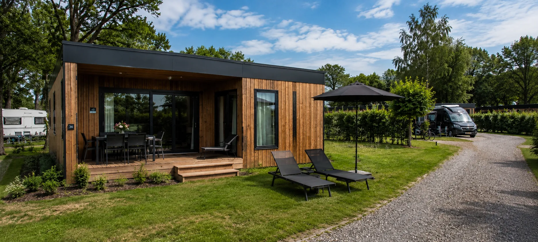 Ferienhaus mit überdachter Terrasse, Sonnenschirm und Liegestühlen, im Hintergrund ein Wohnmobil