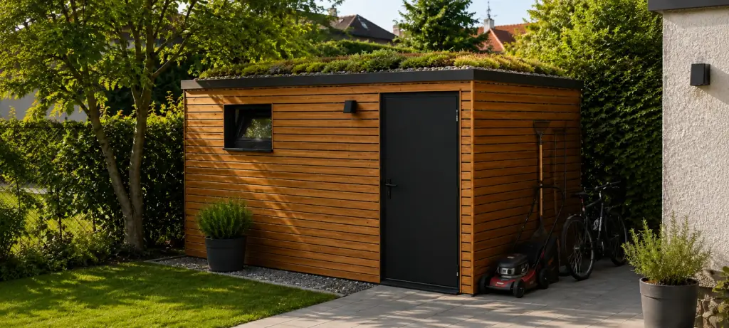 Gartenhaus mit heller Holzfassade und begrüntem Dach, daneben Fahrräder und ein Rasenmäher