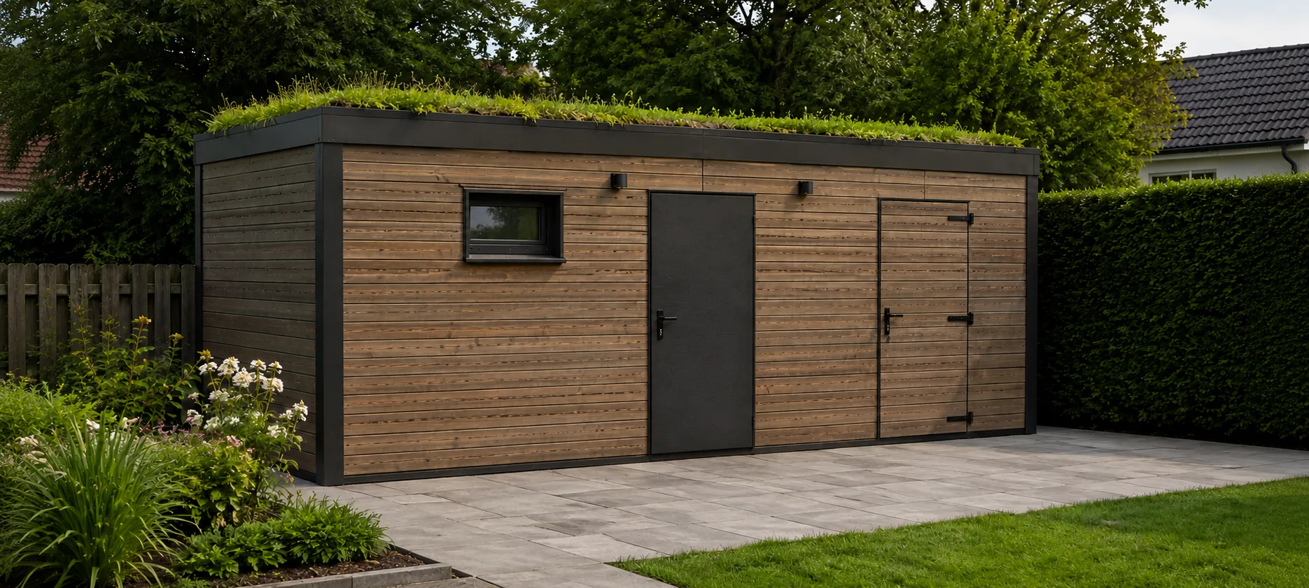 Langgestrecktes Gartenhaus mit waagerechter Holzfassade, Doppeltür und begrüntem Dach an einer Hecke