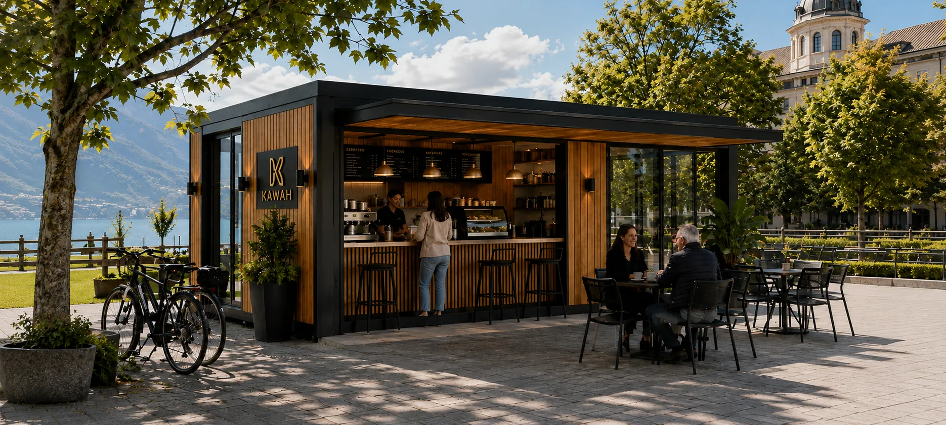 Gastronomiemodul mit offener Theke, davor Gäste an Tischen und abgestellte Fahrräder