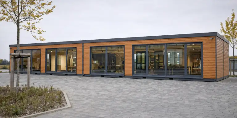 Langgestrecktes eingeschossiges Gewerbegebäude in Modulbauweise mit Lärchenholzfassade und raumhohen Fensterfronten, davor ein gepflasterter Vorplatz