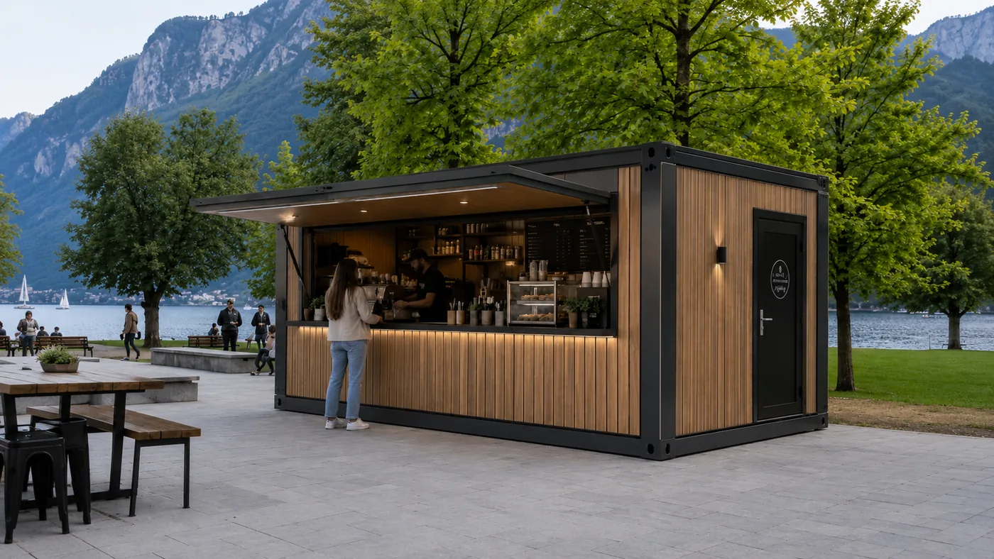 Verkaufsmodul mit hochklappbarer Front und Holzfassade an einem See, davor Sitzplätze