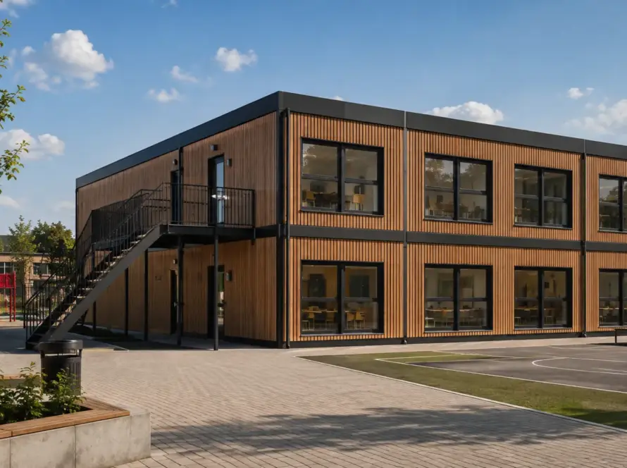 Zweigeschossiges Schulgebäude in Modulbauweise mit Lärchenholzfassade, Fensterbändern und außenliegender Stahltreppe, davor ein gepflasterter Schulhof