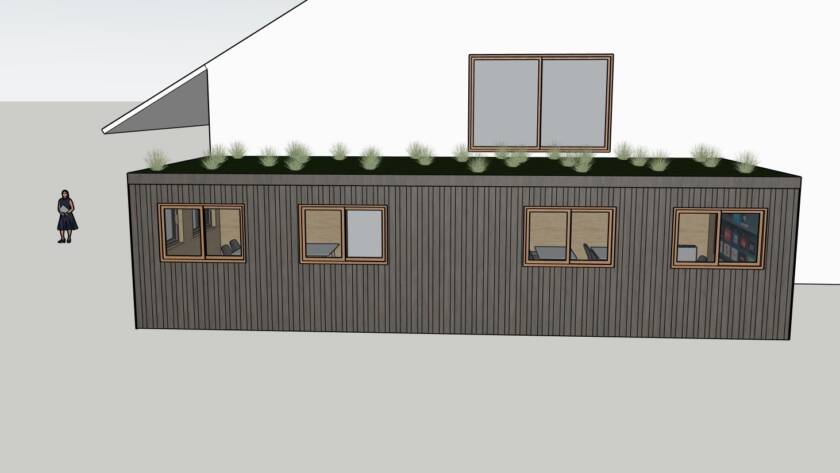 Planungsansicht eines Lernraums aus zwei Raummodulen mit dunkler Lärchenschalung und begrüntem Dach, Längsseite mit vier Fenstern