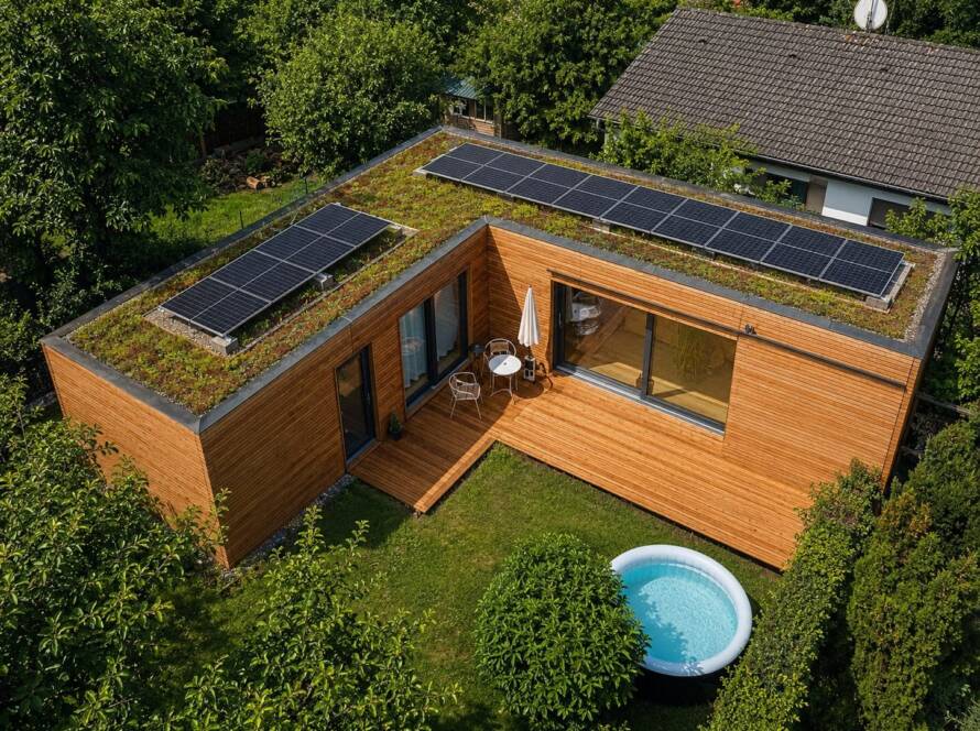 Luftaufnahme eines winkelförmigen Modulbaus mit begrüntem Dach, Photovoltaikreihen und Holzterrasse