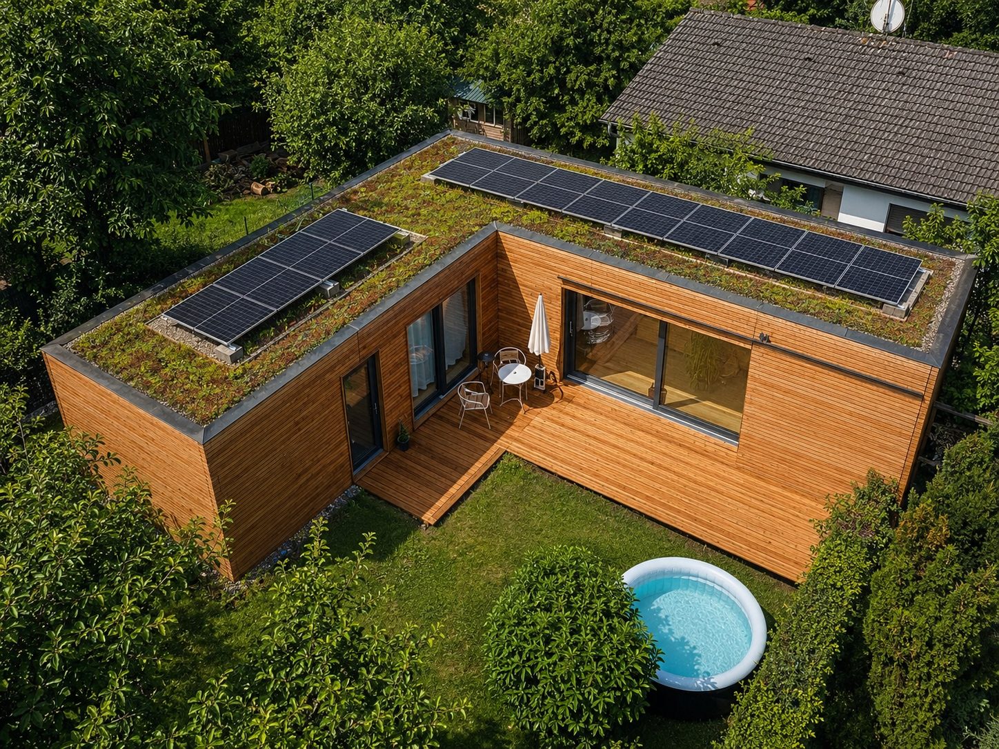 Luftaufnahme eines winkelförmigen Modulbaus mit begrüntem Dach, Photovoltaikreihen und Holzterrasse
