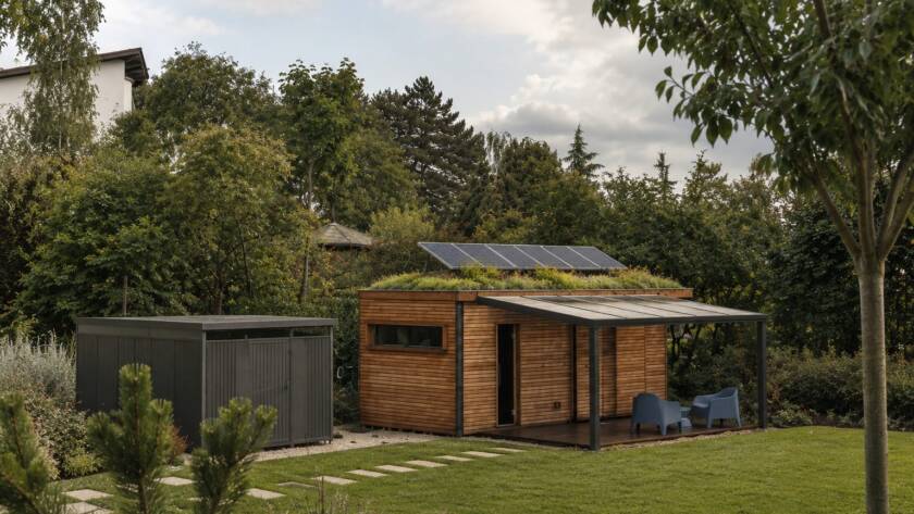Freistehendes Raummodul mit Holzfassade, begrüntem Dach mit Photovoltaik und überdachter Terrasse im Garten