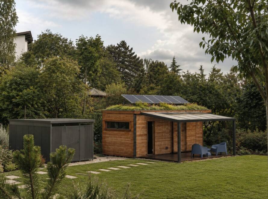 Freistehendes Raummodul mit Holzfassade, begrüntem Dach mit Photovoltaik und überdachter Terrasse im Garten