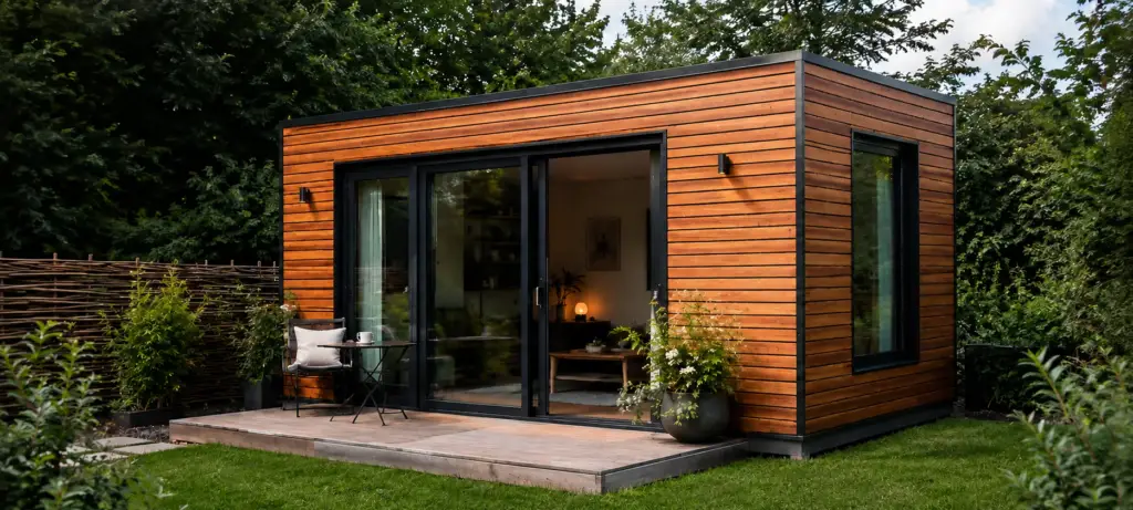 Modulhaus mit großer Glasschiebetür und Terrasse, im Inneren ein Wohnraum mit Sofa