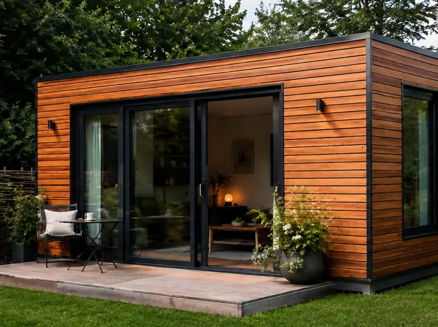 Modulhaus mit großer Glasschiebetür und Terrasse, im Inneren ein Wohnraum mit Sofa