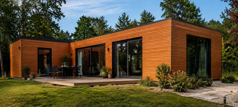 Modulhaus in L-Form mit Holzterrasse, Esstisch und Stühlen, umgeben von Rasen