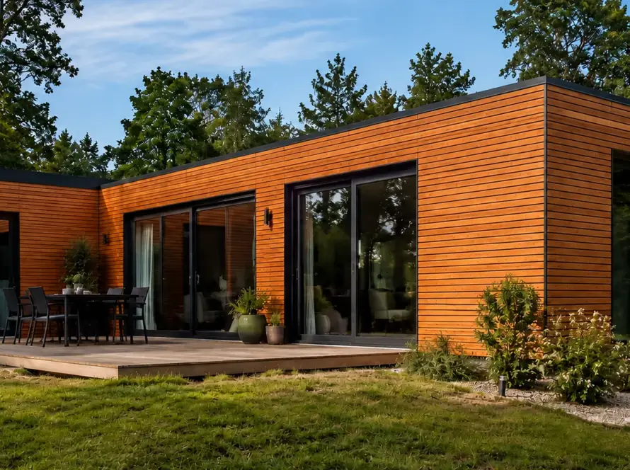 Modulhaus in L-Form mit Holzterrasse, Esstisch und Stühlen, umgeben von Rasen