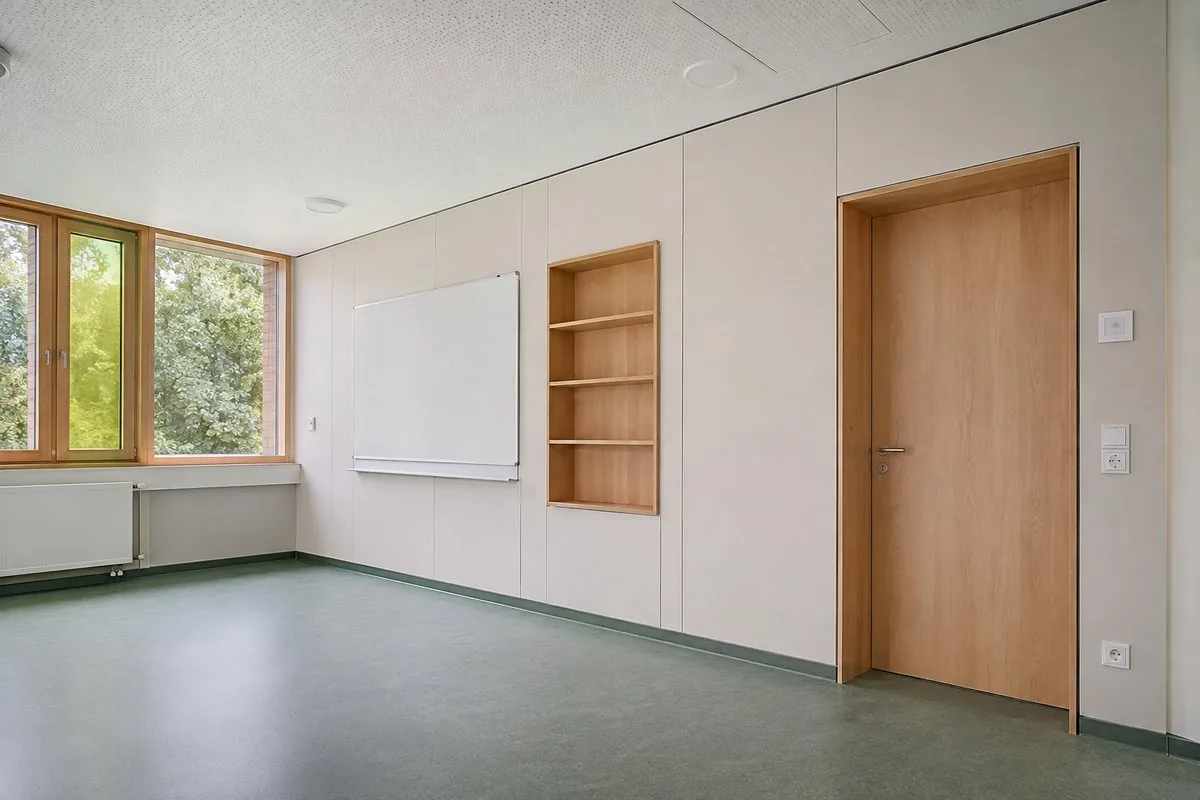 Leeres Klassenzimmer mit beigen Wandplatten, eingebauter Regalnische aus Holz, Whiteboard, grüngrauem Boden und Holztür