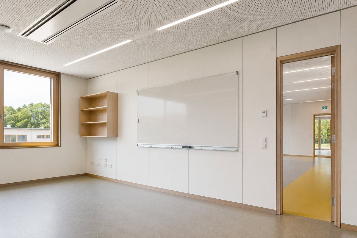 Leeres Klassenzimmer mit weißen Wandplatten und Holzsockelleiste, Whiteboard, offenem Holzregal und Akustikdecke; rechts eine Holztür zum Flur